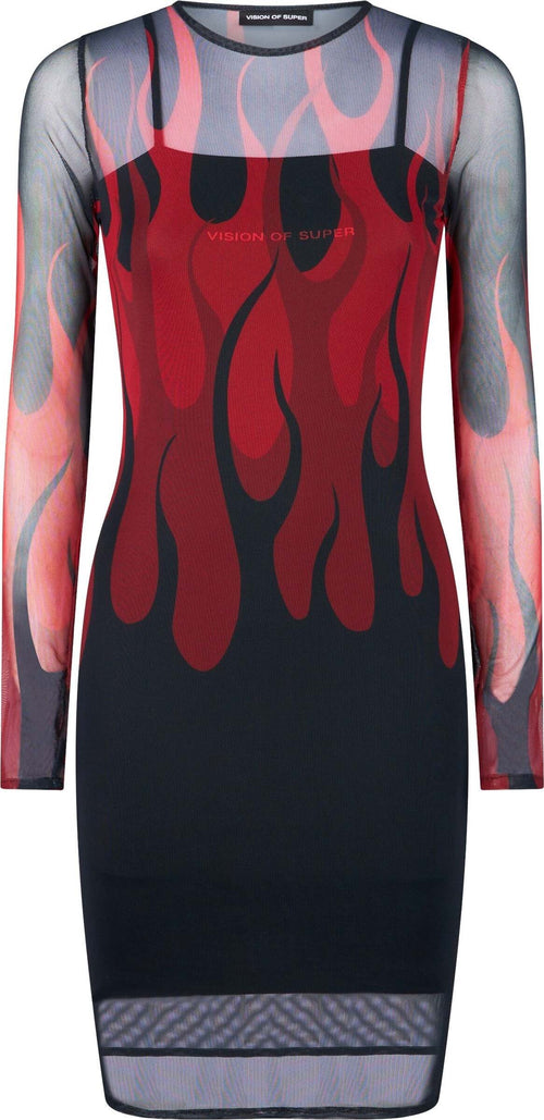 VISION-OF-SUPER-Vestito-Donna-Flames-Dress-Black/red-da-donna