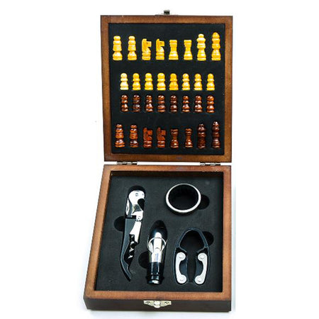 Set sommelier 4 accessori con scacchiera in acciaio e legno per decorazioni natalizie