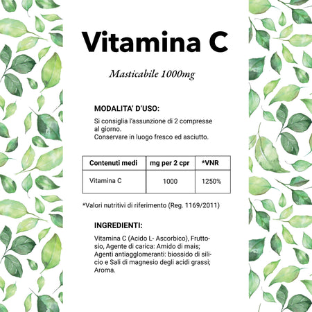 Vitamina C 1000mg Alto Dosaggio Scorta per Un Mese 60 Compresse Vegan Masticabili Integratore Alimentare Salute e cura della persona/Vitamine minerali e integratori/Singole vitamine/Vitamina C The Light Nutrition - Milano, Commerciovirtuoso.it