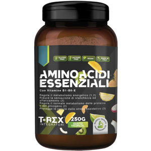Eaa aminoacidi essenziali con mix di vitamine b1, b6 ed e - integratore di amminoacidi naturali vegan ottenuti da fermentazione t-rex integratori (polvere, tropical)