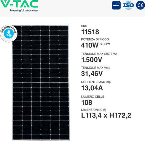 VT-410 Kit 12,7kW 31 Pannelli Solari Fotovoltaici 410W 108 Celle IP68 - SKU 1151831 Commercio Industria e Scienza/Energia solare e eolica/Pannelli solari/Pannelli solari monocristallini Zencoccostore - Formia, Commerciovirtuoso.it