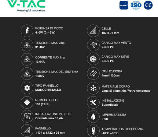 VT-410 Kit 12,7kW 31 Pannelli Solari Fotovoltaici 410W 108 Celle IP68 - SKU 1151831 Commercio Industria e Scienza/Energia solare e eolica/Pannelli solari/Pannelli solari monocristallini Zencoccostore - Formia, Commerciovirtuoso.it