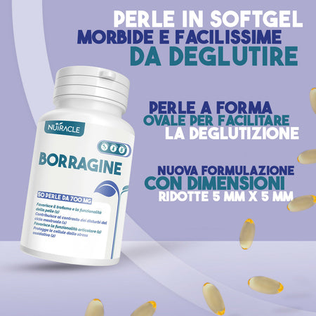 Nutracle borragine 50 perle da 700 mg integratore per pelle e capelli - olio di borragine ricco di acido gamma linoleico (gla 20% omega 6) disturbi ciclo mestruale - dermatite seborroica e acne viso