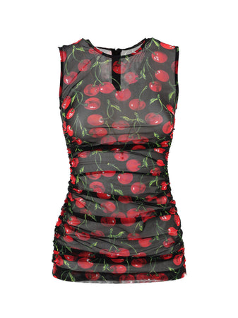 Dolce &amp; Gabbana Top Smanicato in Tulle Nero Stampa Ciliegie da donna