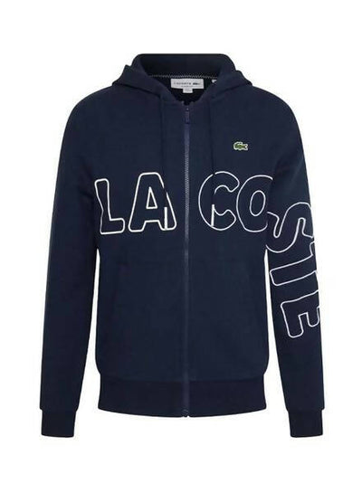Lacoste Felpa Uomo Blu Con Cappuccio Maxi Logo Scritta LACOSTE Coccodrillo Verde Ricamato Felpa Con Cerniera Full Zip e Tasche