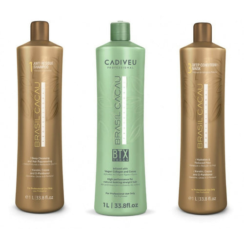 Cadiveu brasil cacau BTX vegan kit composto da: anti residue shampoo 1000 m, btx vegan 1000 ml e deep conditioning mask 1000 ml