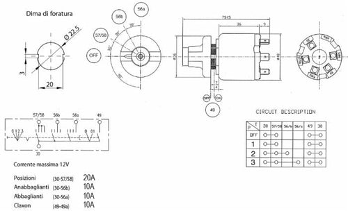 Commutatore luci 12V 4 posizioni con avvisatore acustico dima 40mm