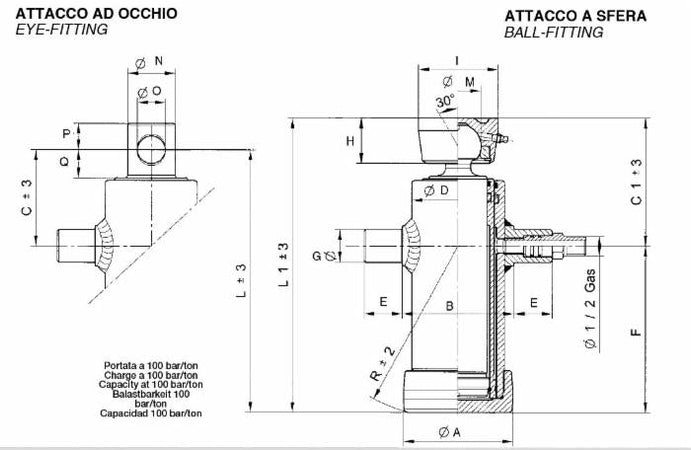 Martinetto idraulico corsa 1043mm con foro