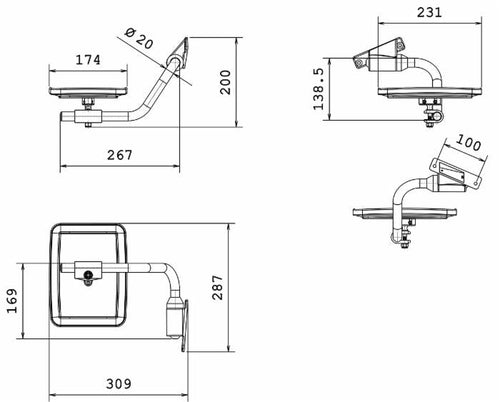 Specchio retrovisore destro con coppa 230x180mm e braccio 250mm