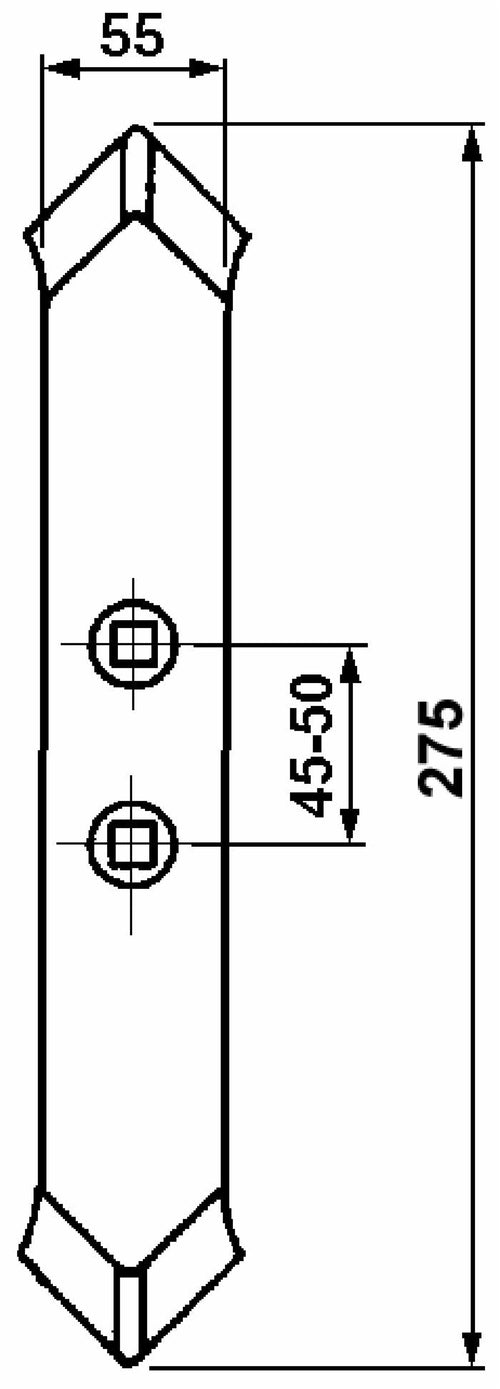 Vomere reversibile per vibrocoltivatore lungo 275mm 2 fori svasati Ø 12,5mm