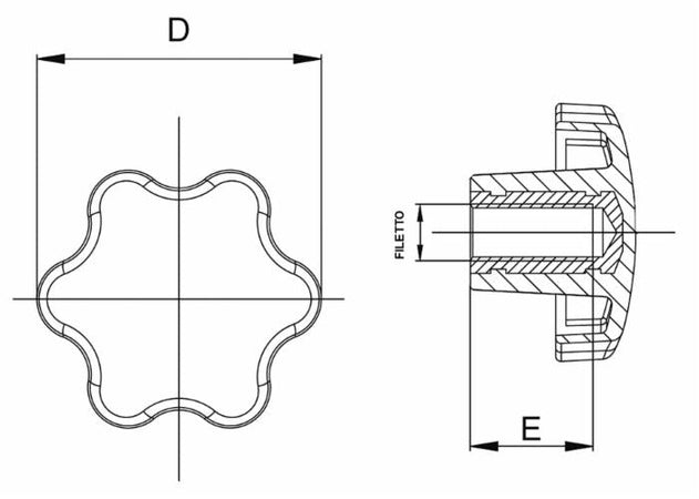 Volantino 6 lobi femmina Ø 50mm filetto M6