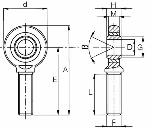 Terminale a snodo maschio per terzo punto Ø 18mm con accoppiamento acciaio su bronzo