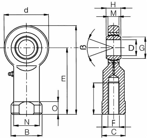 Terminale a snodo femmina per terzo punto Ø 16mm con accoppiamento acciaio su PTFE