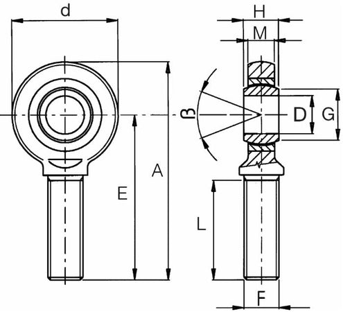 Terminale a snodo maschio per terzo punto Ø 10mm con accoppiamento acciaio su PTFE