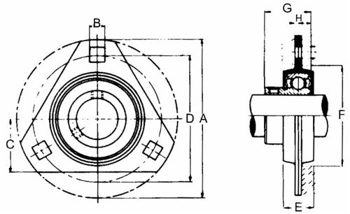 Supporto a flangia triangolare in lamiera stampata SBPFT 204 con cuscinetto Ø 20mm