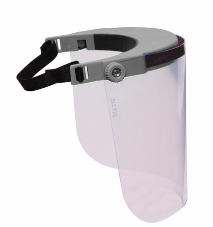 Visiera grigia regolabile in policarbonato trasparente angolo di 180° peso 130g conforme alle norme riutilizzabile e sanificabile