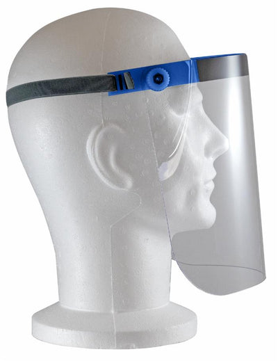 Visiera azzurra regolabile in policarbonato trasparente conforme alle norme protegge il volto riutilizzabile