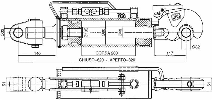 Terzo punto idraulico per trattore III cat. alesaggio 90mm Ø stelo 40mm lunghezza 631-831mm con gancio rapido