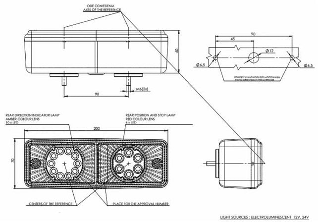 Fanale posteriore dx-sx 6 LED 200x70x60mm