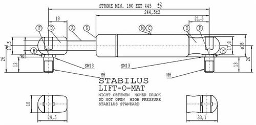 Molla a gas Stabilus estensione max 450mm 600 N adattabile al riferimento originale New Holland 5177277