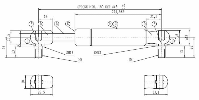 Molla a gas Stabilus estensione max 445mm 150 N adattabile al riferimento originale Deutz-Fahr 001105990