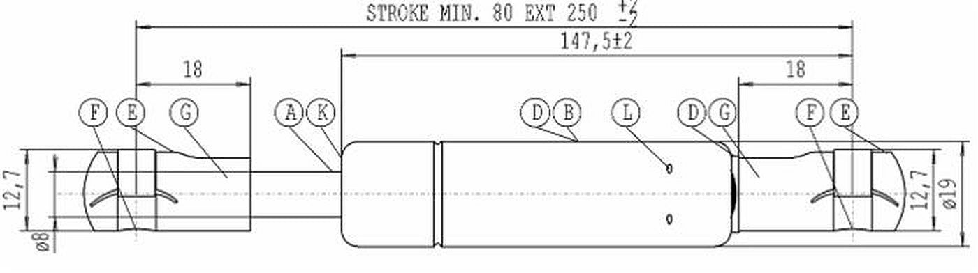 Molla a gas Stabilus estensione max 250mm 750 N adattabile al riferimento originale Deutz-Fahr M600 04429617/8