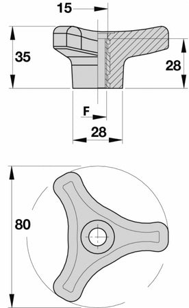 Volantino a 3 bracci Ø 80mm con boccola M14 confezione da 3 pezzi