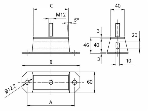Supporto antivibrante rettangolare 100x40 perno,M12