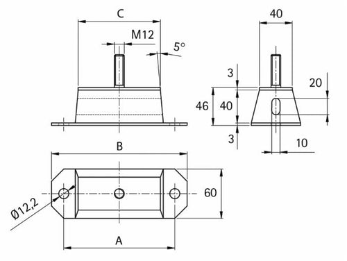 Supporto antivibrante rettangolare Ama 50x40 mm con perno M12