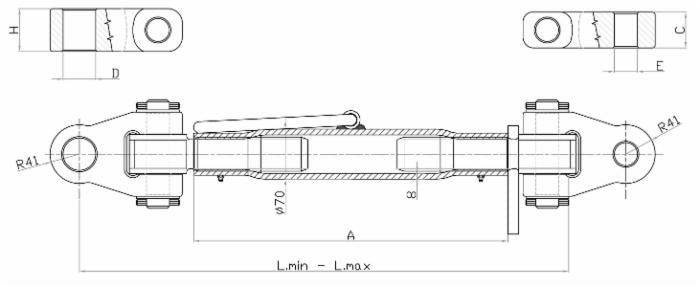 Terzo punto cat. III-IV con attacchi snodati M48x3 lunghezza 615-775mm