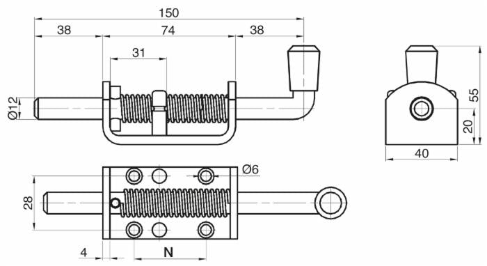 Perno a molla in acciaio inox con il diametro del perno Ø 12mm e base di fissaggio 74x40mm