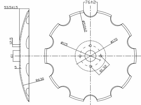 Disco frangizolle a base piana con ø 460mm spessore 5mm e foro centrale di 61mm