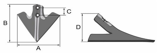 Vomerina di ricambio per coltivatori dimensioni di 205x225 mm fori quadri Ø 11,8mm