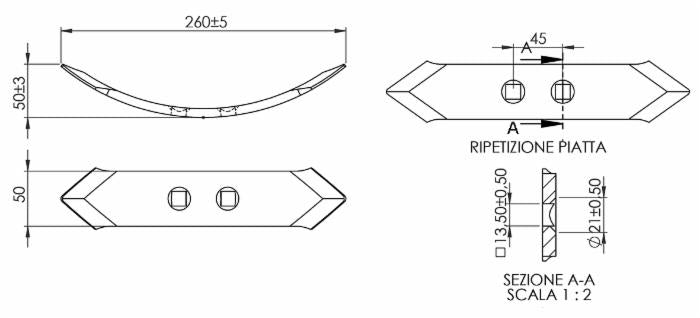 Vomere reversibile 50x8x260 per molla quadra confezione da 3 pezzi
