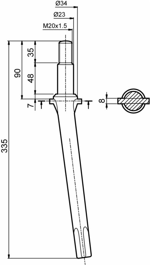 Dente per erpice lunghezza 335mm foro M20