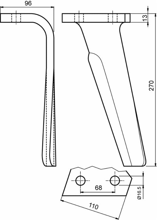 Dente per erpice lunghezza 270mm altezza 96mm