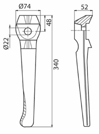 Dente per erpice destro lunghezza 340mm larghezza 52mm