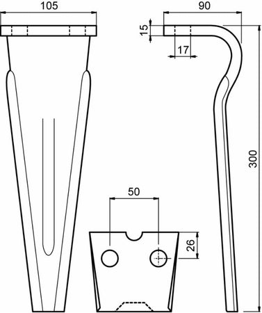 Dente per erpice lunghezza 300mm altezza 90mm