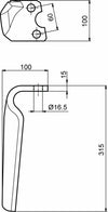 Dente per erpice sinistro lunghezza 315mm larghezza 100mm