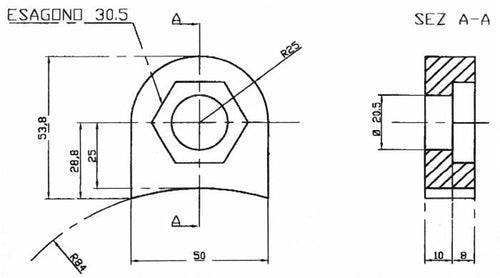 Supporto per mazza trinciasemi altezza 53x50mm esagono 30,5mm