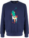 Ralph Lauren Maglione Blu Girocollo Stampa Big Pony Multicolor Felpa Senza Cappuccio Polsini e Fondo a Coste Polo