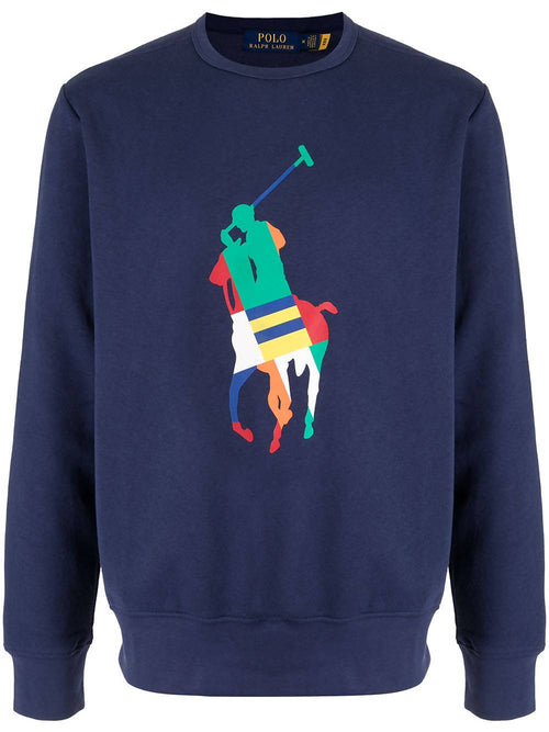 Ralph Lauren Maglione Blu Girocollo Stampa Big Pony Multicolor Felpa Senza Cappuccio Polsini e Fondo a Coste Polo