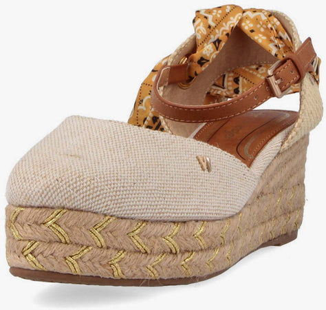 Wrangler Sandali Donna Estivi in Tessuto E Corda Sandali Con Zeppa 6,5 Cm Cinturino Alla Caviglia E Foulard Fantasia Removibile