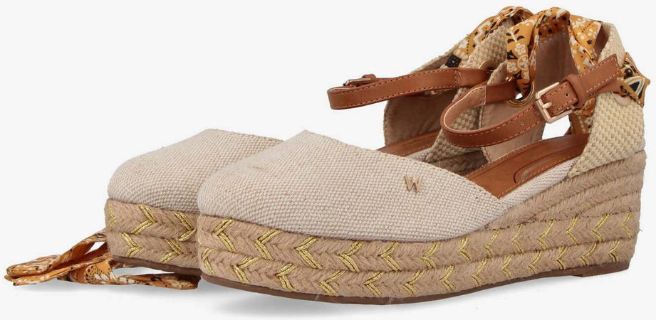Wrangler Sandali Donna Estivi in Tessuto E Corda Sandali Con Zeppa 6,5 Cm Cinturino Alla Caviglia E Foulard Fantasia Removibile