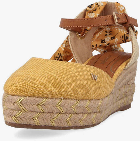 Wrangler Sandali Donna Estivi in Tessuto E Corda Sandali Con Zeppa 6,5 Cm Cinturino Alla Caviglia E Foulard Fantasia Removibile