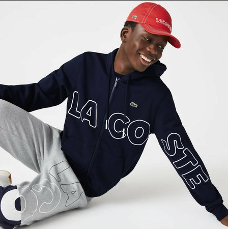 Lacoste Felpa Uomo Blu Con Cappuccio Maxi Logo Scritta LACOSTE Coccodrillo Verde Ricamato Felpa Con Cerniera Full Zip e Tasche