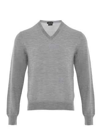 Tom Ford Maglia Grigia con Scollo a V in Cashmere e Seta da uomo