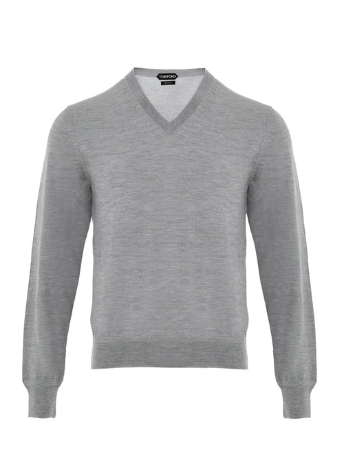 Tom Ford Maglia Grigia con Scollo a V in Cashmere e Seta da uomo