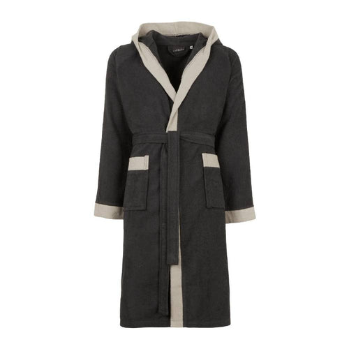 Accappatoio Voyage L/XL Carrara in microspugna di cotone 280 gr/mq, profili a contrasto, con cappuccio e tasche, in custodia trasparente richiudibile.