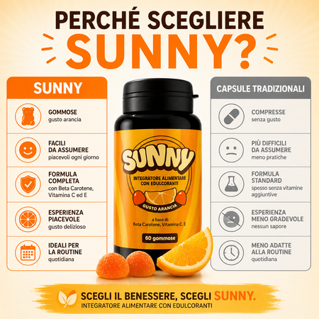 Integratore supporto Abbronzatura Naturale SUNNY | 60 Gommose al Beta-Carotene e Vitamine | Made in Italy